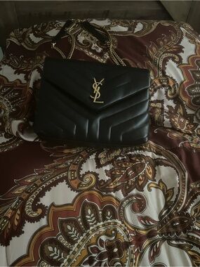 Saint Laurent Black Chevron Quilted Leather Shoulder Bag with Gold YSL